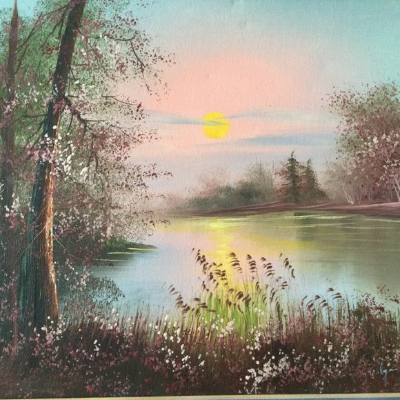 Original landscape painting on canvas lake side signed professionally framed - Picture 8 of 12